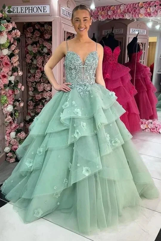 Sweetheart Spaghetti Straps Tulle A-Line Floral Prom Dress